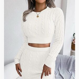 Elegant White Cable Knit Skirt Set